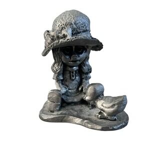 Michael Ricker Pewter Figurine Girl With Hat And Little Duck Vintage
